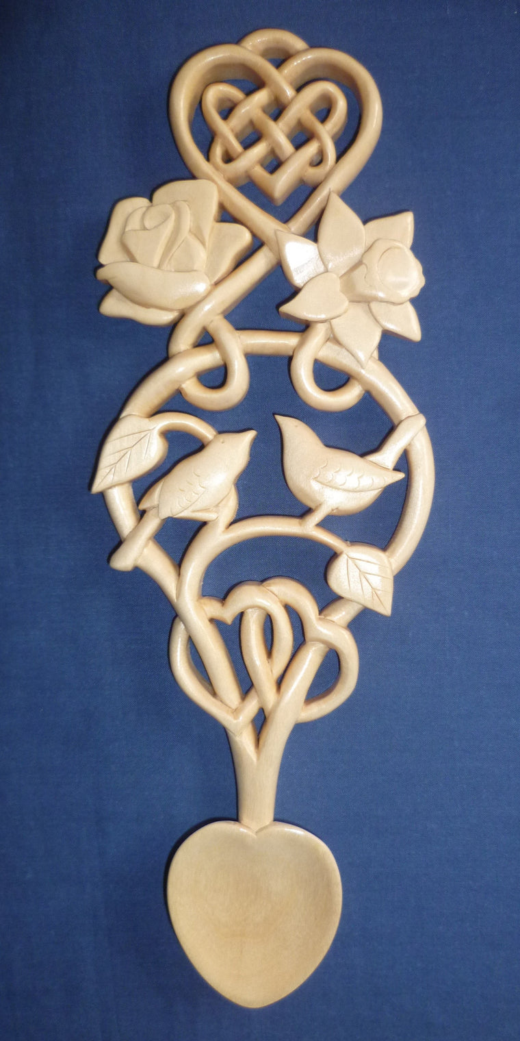 Lovebirds, heart knot, rose and daffodil lovespoon