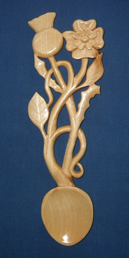 Rose and thistle entwined love spoon